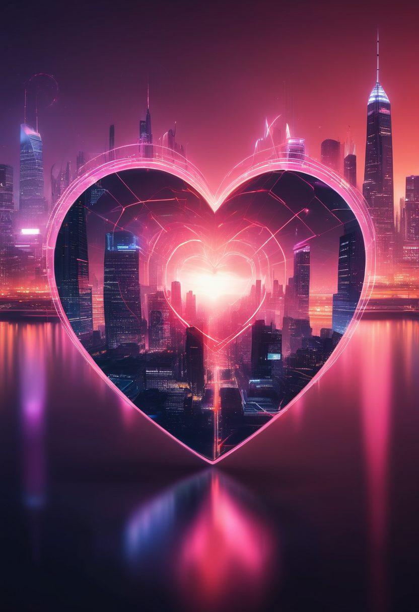 A digital heart intertwined with various social media icons, symbolizing online romance and modern intimacy. Include a glowing, futuristic city skyline in the background to represent the digital age. Soft, warm colors should surround the heart to evoke feelings of passion and connection. Light particles should flow around the scene, symbolizing the dynamic nature of online relationships. vibrant colors. cyberpunk.