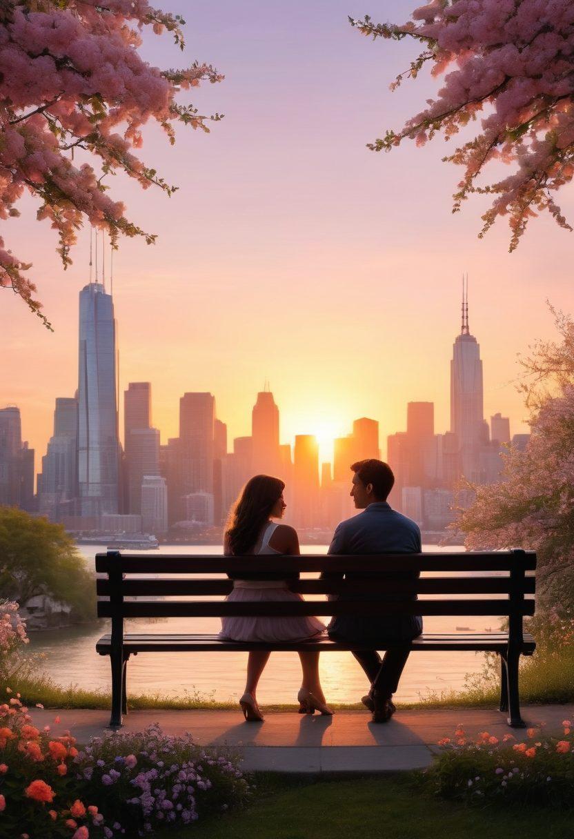 A beautifully entwined couple sitting on a park bench, surrounded by blooming flowers and a soft sunset glow. They are gazing into each other's eyes, symbolizing deep affection and romance. In the background, silhouettes of city skyscrapers hint at the modern world, while soft pastel colors enhance the emotional warmth of the scene. super-realistic. vibrant colors. peaceful atmosphere.