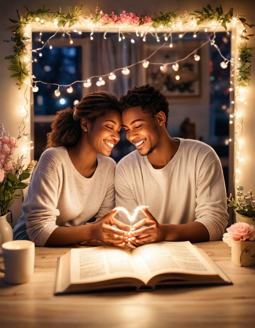 A warm and inviting scene of two people sharing a moment of laughter, surrounded by soft glowing lights and heart-shaped decorations in a cozy setting. Include elements symbolizing love, like intertwined hands, an open book of poetry, and blooming flowers. Emphasize expressions of joy and connection in their eyes. Use a pastel color palette to evoke feelings of love and togetherness. super-realistic. vibrant colors. soft focus.